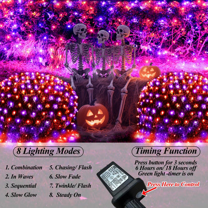 Lovelite 510LED Halloween Net Lights, 28ft x 5ft Outdoor Mesh Lights Purple Orange Clear Wire, 8 Modes & Timer, Waterproof Connectable String Lights for Bushes Xmas Tree Garden Holiday Party