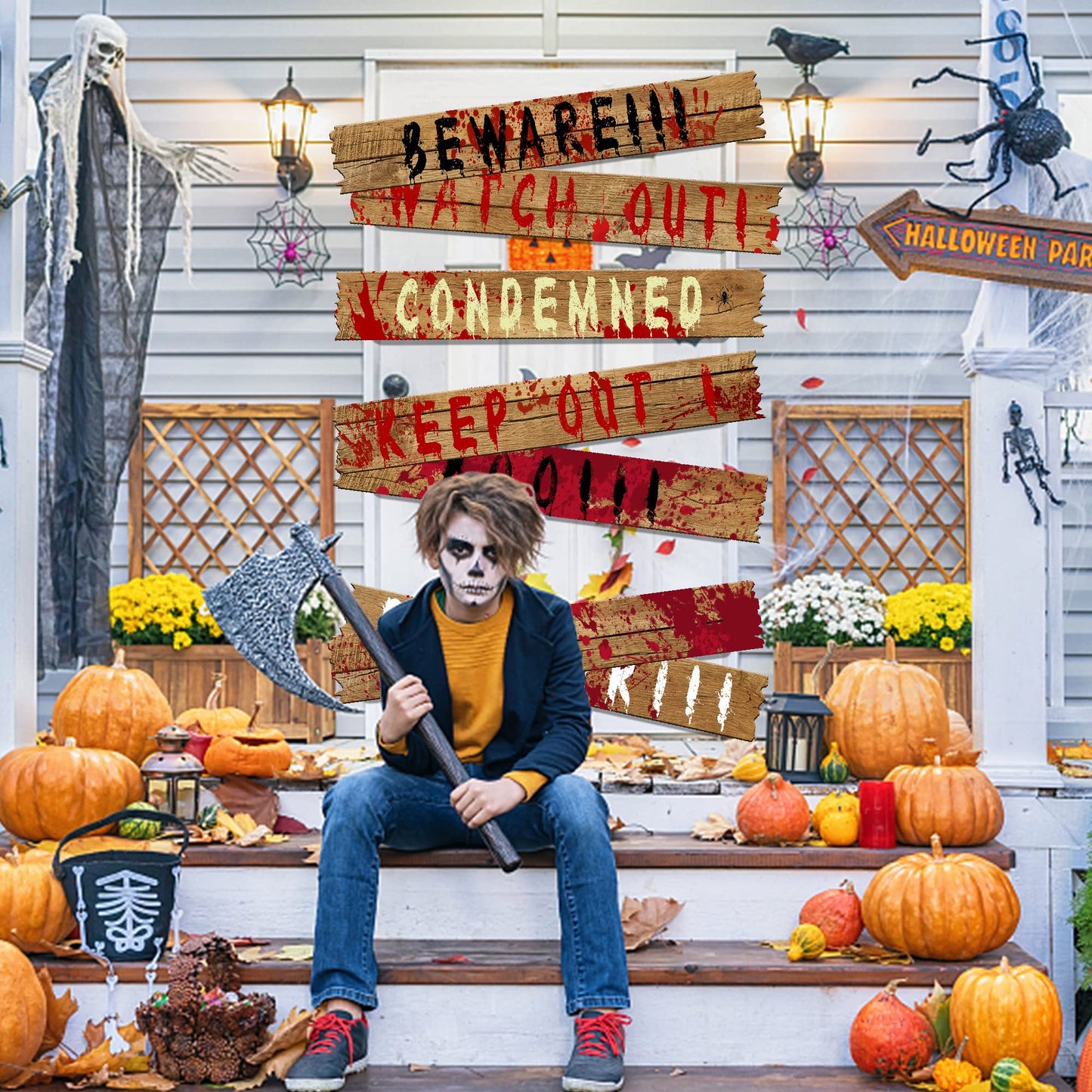 10pcs 39"x4.7" Halloween Haunted Window Boards, Beware Signs Window Warning Signs,Waterproof Outdoor Scary Sign for Halloween Party Decoration (10pcs window boards)