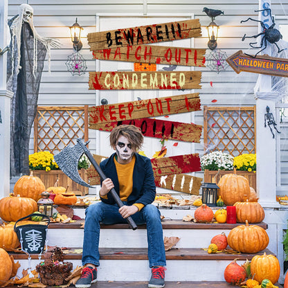 10pcs 39"x4.7" Halloween Haunted Window Boards, Beware Signs Window Warning Signs,Waterproof Outdoor Scary Sign for Halloween Party Decoration (10pcs window boards)