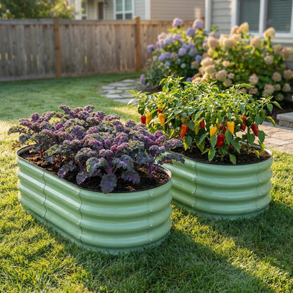 SnugNiture Galvanized Raised Garden Bed Outdoor, 2 Pcs 4x2x1ft Oval Metal Planter Box for Planting Plants Vegetables, Green