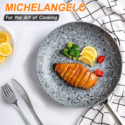 MICHELANGELO 10 Inch Frying Pan with Lid, Nonstick Frying Pan with Non Toxic Granite Coating, 10 Inch Stone Skillet, Non Stick Frying Pans for Cooking, Induction Compatible