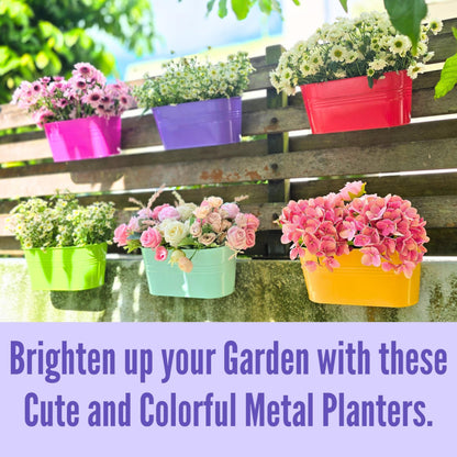 LaLaGreen Outdoor Hanging Planter (11.2 Inch, 6 Pack) Light Blue, Neon Pink, Dark Purple, Yellow, Red Metal Iron Window Box Flower Pot Deck Railings Fence Buckets Modern Boho Style Home Garden Decor