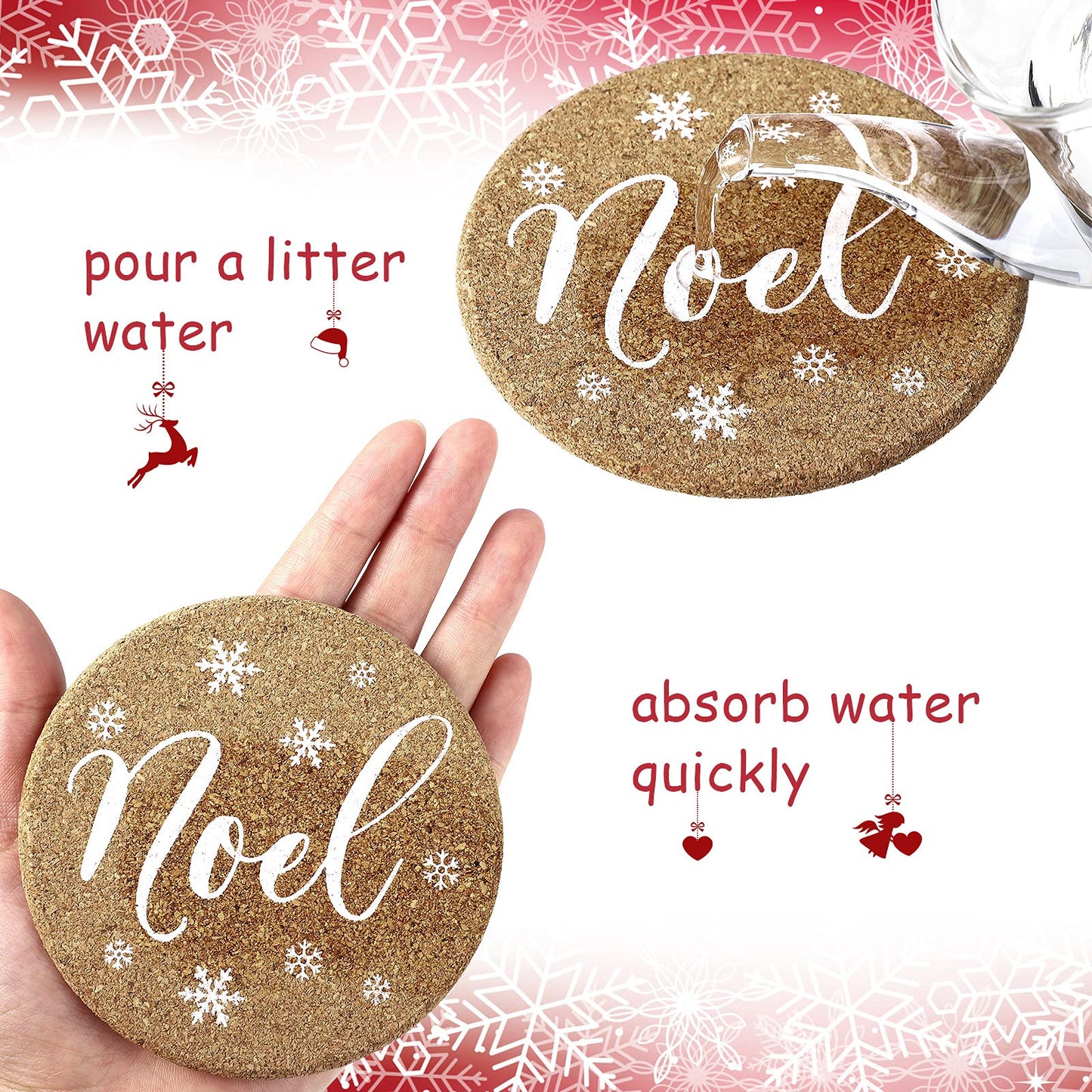 Patelai 6 Pieces Christmas Coasters Christmas Cork Coaster 4 Inch Round Shaped Farmhouse Coasters Heat-resistant Cup Mat Peace Joy Noel Printed Coasters for Drink, Cup, Mugs Living Bedroom Party Decor
