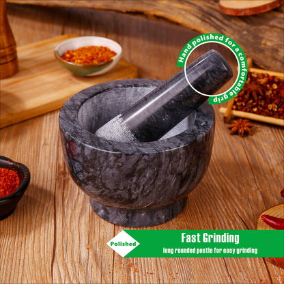 Aisiming Mortar and Pestle Set Polished Natural Marble Guacamole Molcajete Bowl, Spices Grinder with Silicone Pad, Stainless Steel Spoon and Brush, 300ml Capacity Crusher(Medium, Dark Gray)