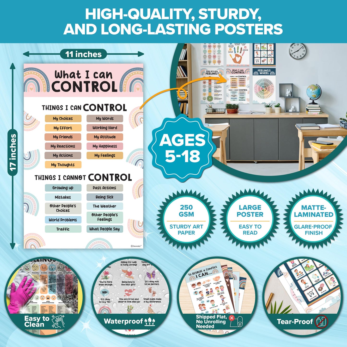 Decorably 15 Social Emotions Poster for Classroom, 11x17in Educational, Matte-Laminated Chart for Kids - School Hallways, Bulletin Boards, Home Study Room
