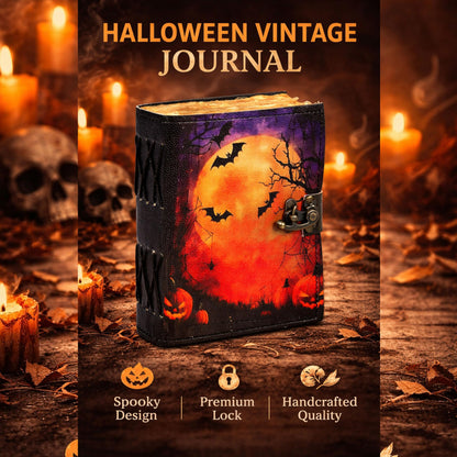 cuero Leather Halloween Journal with Pumpkin & Bat Print, Vintage Handmade Diary with Antique Metal Lock, Thick Handmade Paper, Gothic Notebook for Writing, Sketching & Gift (6.5 x 5)