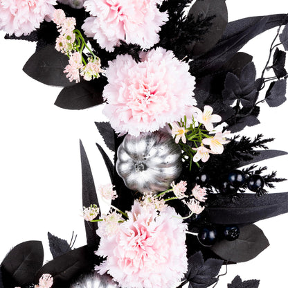 National Tree Company Artificial Pretty Morbid Pink Carnation Halloween Wreath, Black, Silver Pumpkins, 26inch