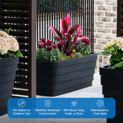 Step2 Wave Trough Planter, Large Planters for Outdoor Plants, Gardening and Flower Pot for Patio or Porch, Efficient Drainage, Durable Plastic, Black, 2-Pack