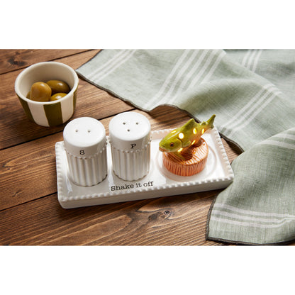 Mud Pie Salt Pepper Accessory Holder; shaker 2 3/4" x 1 3/4" dia | tray 3 1/4" x 6 3/4"