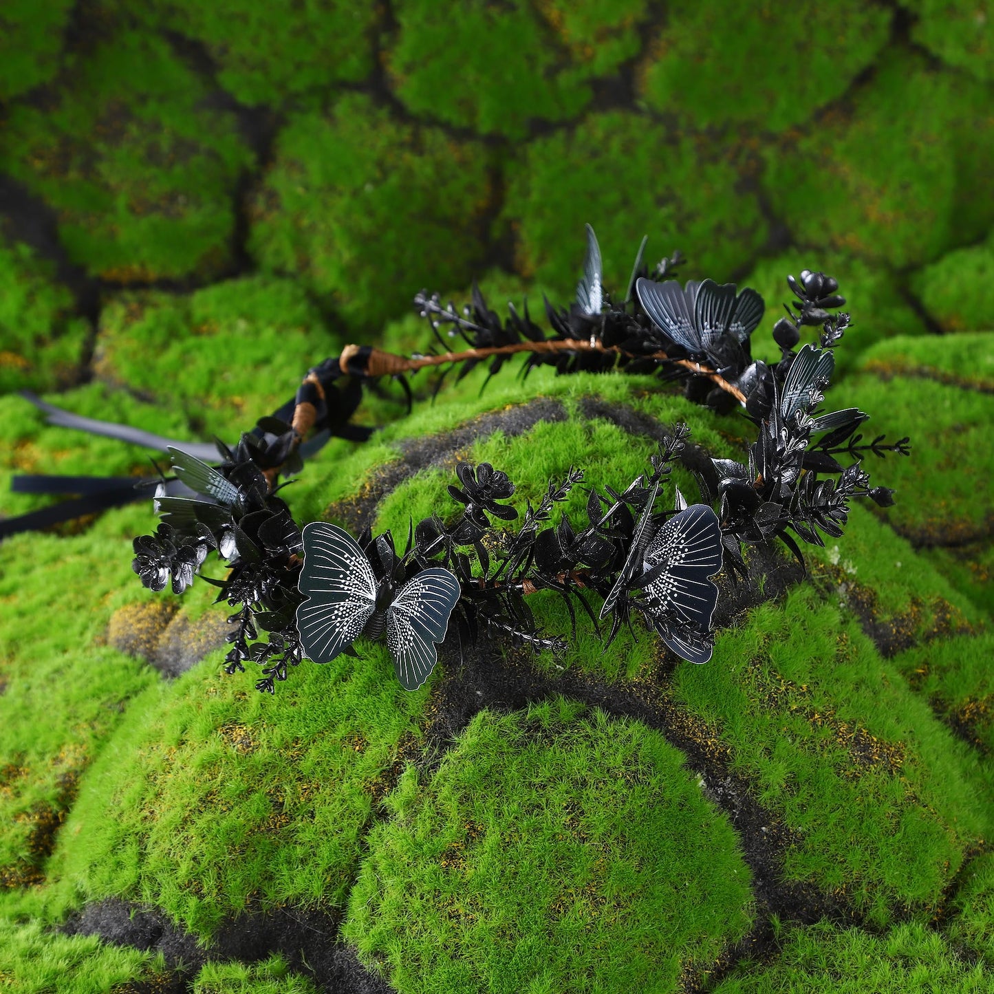 MOSTORY Handmade Black Flower Butterfly Crown - Gohic Elf Headpiece Fairy Floral Headband Dark Wreath for Women s Halloween Renaissance Cosplay Festival Witch Party