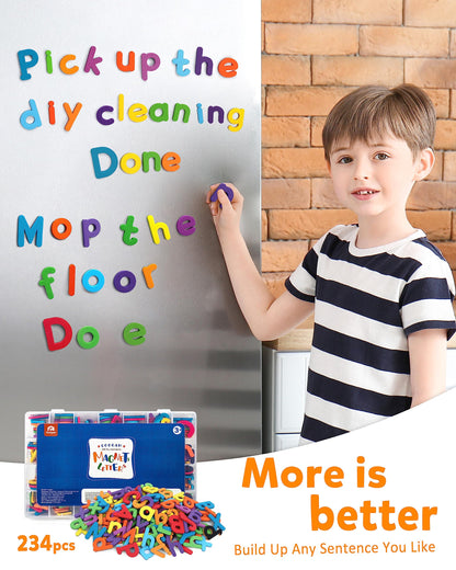 Coogam Magnetic Letters 234 Pcs, Uppercase Lowercase Foam Alphabet ABC Fridge Magnets, Educational Toy Set for Classroom Kids Learning Spelling with Magnetic Board and Storage Box