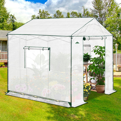 EAGLE PEAK 8x8 Portable Pop Up Greenhouse, Patented Center Lock Easy One Person Setup, Walk-in Outdoor Greenhouse with Gable Roof, Weight Bags, Zippered Doors & Windows, White