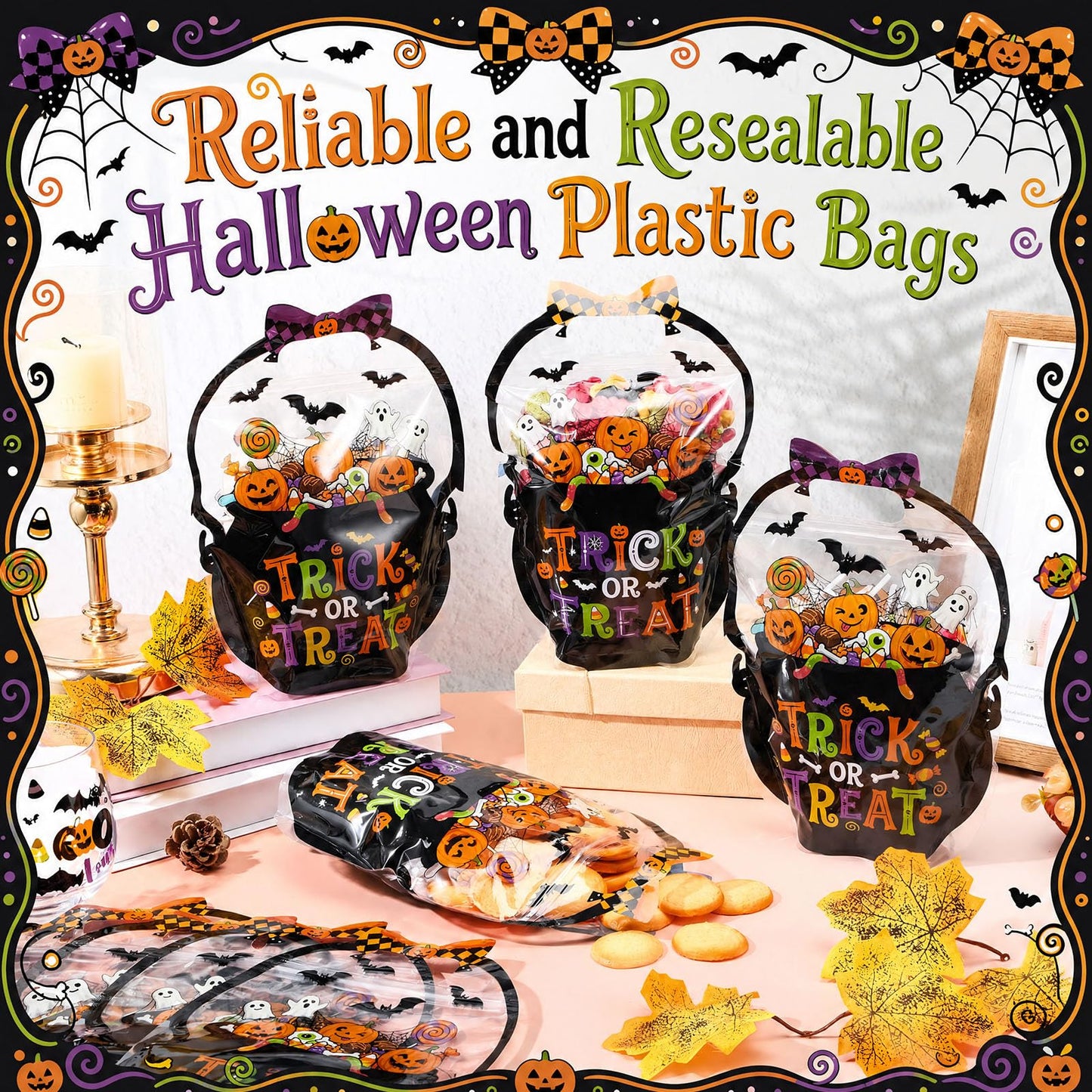Fuutreo 50 Pcs Halloween Plastic Bags Clear Witch Cauldron Sealed Gift Pouches with Handles Resealable Scary Holiday Favor Bags for Halloween Holiday Party Candy Gift Wrapping Supplies Decoration