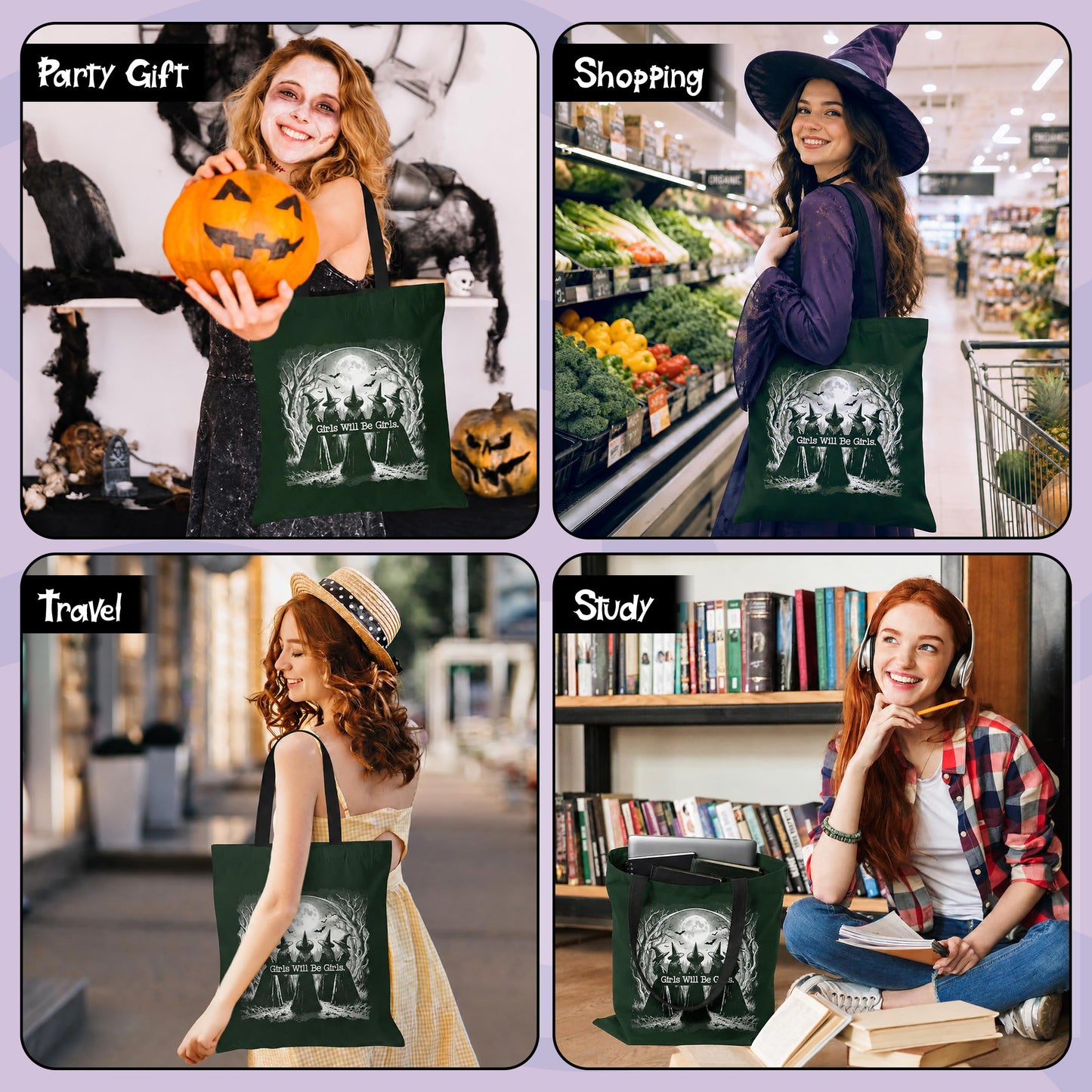 Laffact Aesthetic Witchy Canvas Bag for Women - 2Pcs Cute Girls Will Be Girls Quotes Canvas Tote Bag Makeup Pouch, Funny Black Magic Witch Reusable Grocery Shopping Handbag Gift for Halloween Birthday