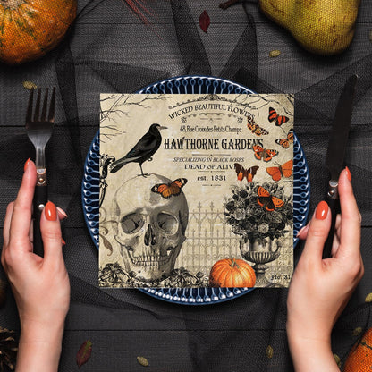 JarThenaAMCS 80Pcs Halloween Paper Napkin Vintage Skull Crow Luncheon Napkin Disposable Dessert Dinner Hand Napkin for Halloween Party Supplies