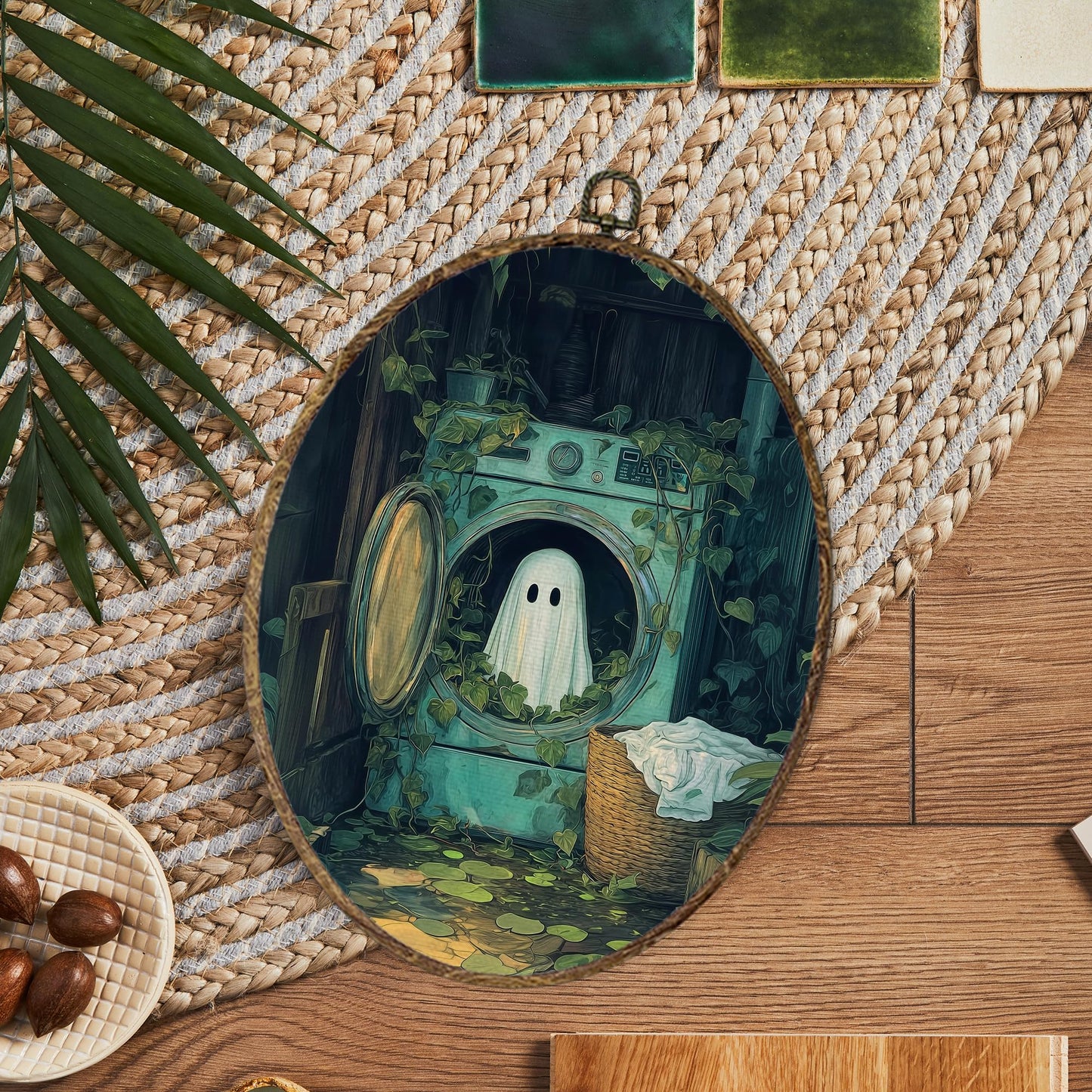 OINDADE Halloween Ghost Oval Wall Art Decor, Laundry Room Cute Ghost Wall Art Hanging Decor, Halloween Fall Season Funny Spooky Washing Machine Framed Canvas Artwork for Laundry Room Home, 8.8x11.5in