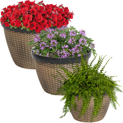 Sunnydaze 3-Piece Outdoor Planter Set - 12", 13", and 15" Resin Faux Basketweave Planters