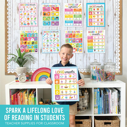 Hadley Designs Phonics Posters for Classroom Must Haves - 9 Sound Wall for Kindergarten & Elementary Teacher Supplies, Syllable, Vowels, Digraphs & Blends Bulletin Board Set, Rainbow Classrom Decor