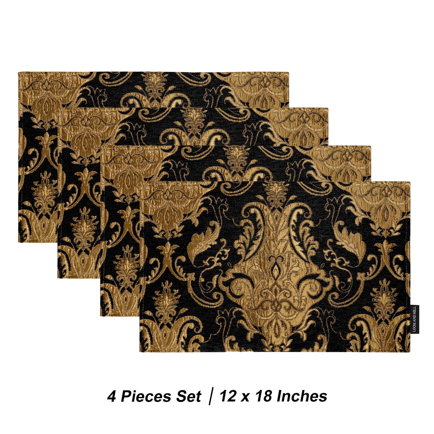 Loom and Mill Luxury Chenille Placemats Set of 4, Classic Damask Jacquard Table Place Mats for Dining Table Kitchen Halloween Holiday Banquet Decoration, Double-Layer Dining Table Mats(12"x18", Black)