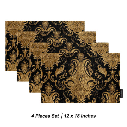 Loom and Mill Luxury Chenille Placemats Set of 4, Classic Damask Jacquard Table Place Mats for Dining Table Kitchen Halloween Holiday Banquet Decoration, Double-Layer Dining Table Mats(12"x18", Black)