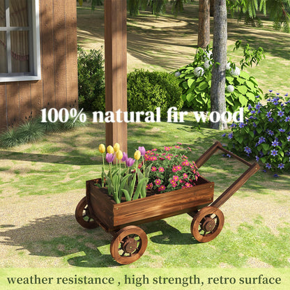 PULIJIAJU Wooden Wagon Garden Planter Cart with Wheels Rustic Flower Pot – Indoor Outdoor Patio Backyard Balcony Decor for Flowers and Plants（Large