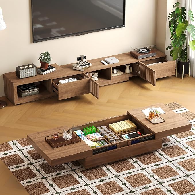 Mid-Century Modern Expandable Coffee Table & TV Stand Set, Walnut Finish – Elegant Storage Combo for Living Room, Bedroom, or Lounge (78.54“ to 103" TV Stand+Coffee Table)