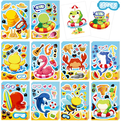60Sheets Summer Animal Stickers Crafts Bulk, Hawaiian Beach Tropical Make-A-Flamingo/Bee/Fish Face Sticker Holiday Gifts Luau Pool Activity Games Goodie Bag Stuffer Party Favors(Small Size)