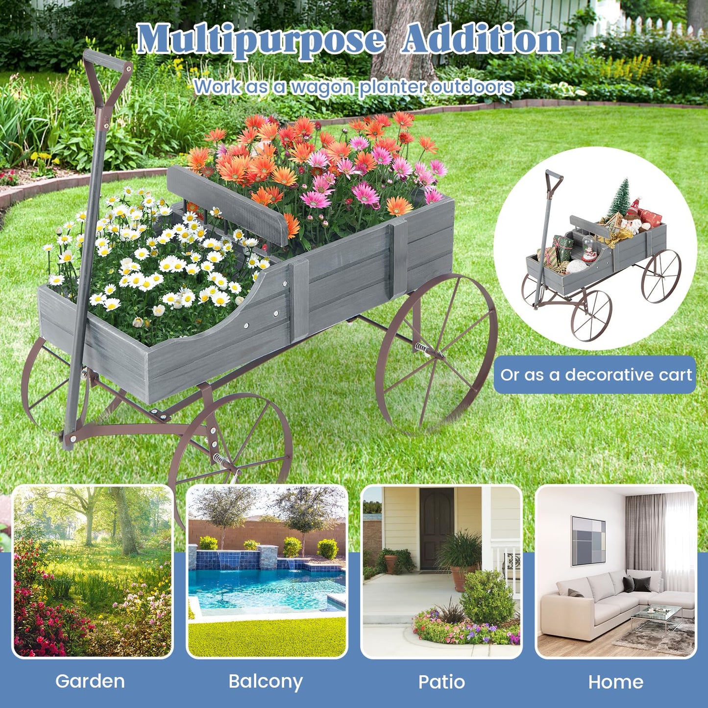 CHEFJOY Wooden Wagon Planter, Decorative Garden Wheelbarrow Planter with 2 Planting Sections, Rolling Wheels, Adjustable Handle, Small Wagon Cart Planter Stand for Flowers Vegetables Herbs (Grey)