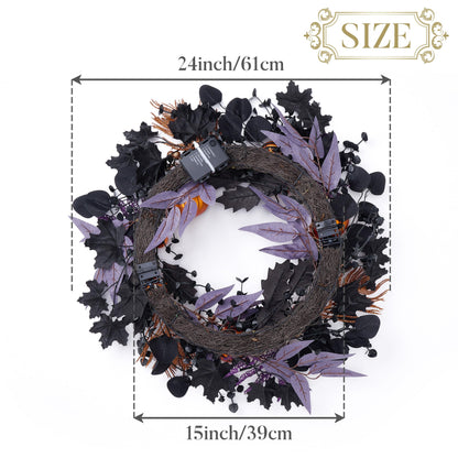 Valery Madelyn Collapsible Halloween Wreath for Front Door with Lights, 24 Inch Pre-Lit Jack-o'-Lantern Pumpkin Wreath Halloween Decorations for Centerpiece Window Indoor Party Holiday Wall Home Decor