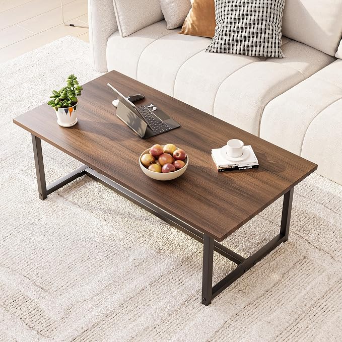 35.4" Rectangular Coffee Table for Living Room, Modern Industrial Style Coffee Table Center Table with Metal Frame for Small Space, Apartment, Office, Easy Assembly, Walnut