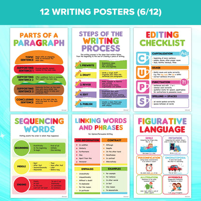 Decorably 12 Writing Posters for Classroom Middle School and Elementary, 11x16in Educational, Matte-Laminated for Hallways, Bulletin Boards, Home Study Room