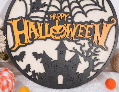 Happy Halloween Wooden Hanging Sign - Halloween Party Decorations, Halloween Ghost Door Sign, Halloween Garland, Wooden Wreath Indoor Wall Hanging Decorations (Happy Halloween Wreath)