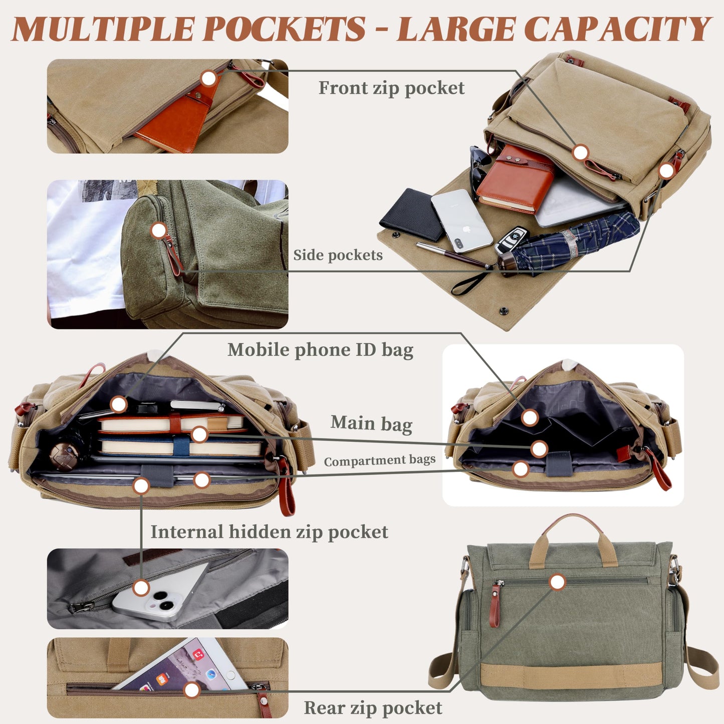 FSD.WG Satchel Messenger Bag for Men Canvas,Travel Shoulder bag 13.5" Laptop Bags