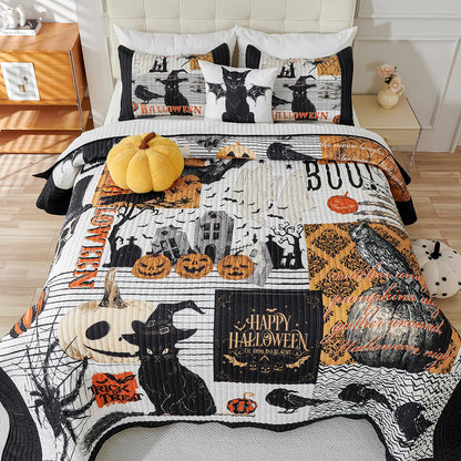 EVENHUG Halloween Theme King Size Quilt Bedding Set with 3 Pillow Shams Lightweight Soft Bedspread Coverlet Halloween Holiday Bed Cover for Bedroom Home Decoration (4 Pieces)