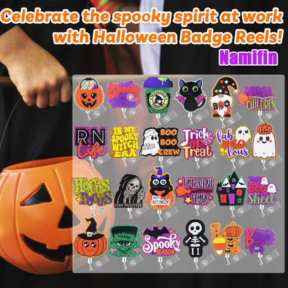 Namifin 24PCS Halloween Badge Reels with Alligator Clip Funny Retractable Spooky Holiday Badge Holders Nurse Gifts Accessories Gifts for Friends, Co-Workers