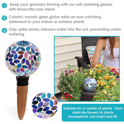 Sunnydaze Mosaic Glass Plant Watering Globe with Clay Spike - Decorative Self-Watering Planter Insert - Water Dripper for Plants - 9.5" - Spring Petals