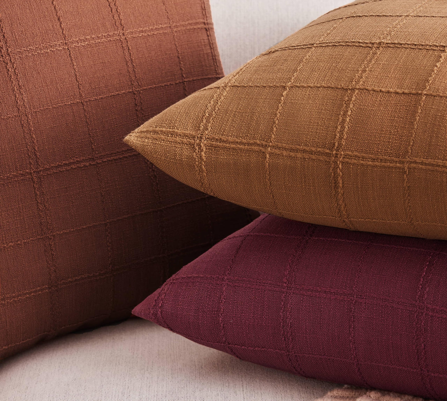 ZeeMart Linen Checked Lumbar Throw Pillow Covers Set of 2, 12x20 Inch Allover Grid Burgundy, Farmhouse Decorative Double Sided Grid Embroidered Couch Pillow Cases Red Cotton Linen Cushion Covers