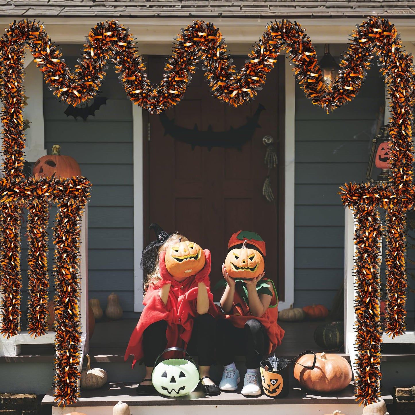 Halloween Decorations, 50FT Halloween Tinsel Garland Shiny Orange Black Metallic Twist Hanging Garland for Indoor Outdoor Home Tree Stairs Party Decorations
