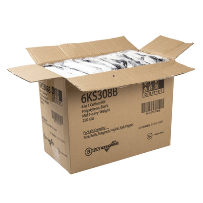 AmerCare Six Piece Meal Kit with 12 x 13 Napkin, Salt and Pepper, Medium-Heavy Weight Fork, Knife, and Teaspoon, Case of 250