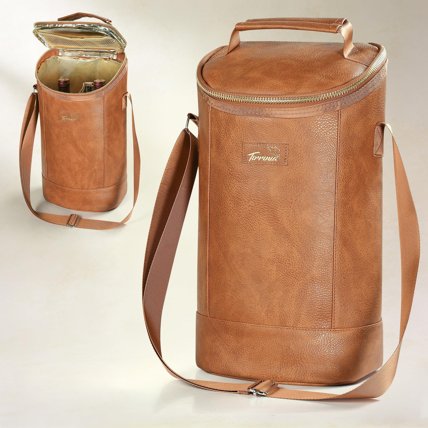 Tirrinia 2 Bottle Wine Carrier Bag, Insulated Wine Tote Cooler Bag with Shoulder Strap, for Travel, Picnic, BYOB & Christmas for Wine Lovers, Brown