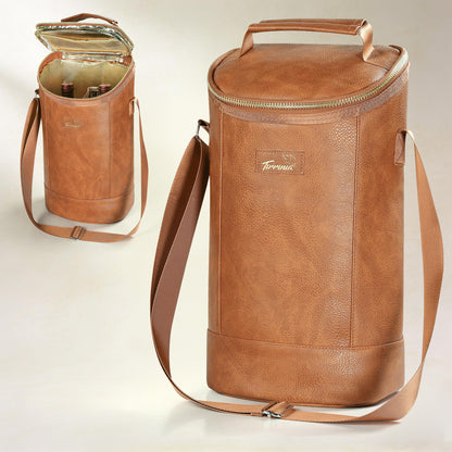 Tirrinia 2 Bottle Wine Carrier Bag, Insulated Wine Tote Cooler Bag with Shoulder Strap, for Travel, Picnic, BYOB & Christmas for Wine Lovers, Brown