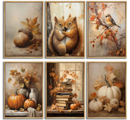 Bexzeak 6PCS Vintage Fall Scenery Nature Fall Leaf Canvas Wall Art Unframed