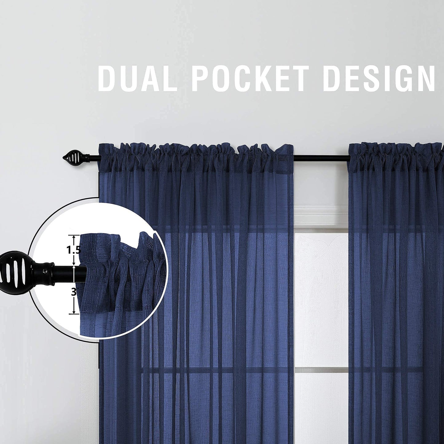 KOUFALL Navy Blue Sheer Curtains 63 Inch Length for Living Room 2 Panels Set,Kids Curtains for Bedroom Boys Room,Dark Blue