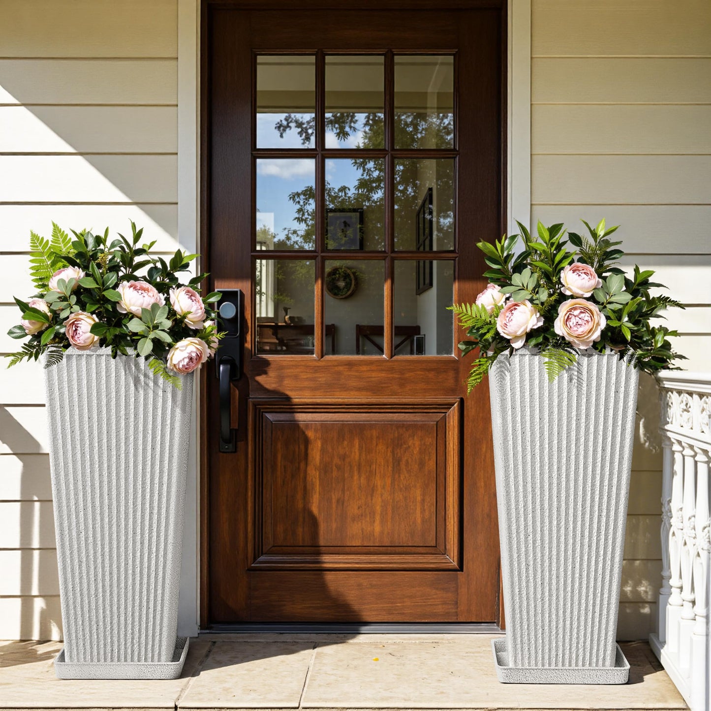 Diyfire Front Porch Planters Outdoor Set of 2, 24" Tall Plastic Planters for Outdoor Plants with Drainage, Extra Large Outdoor Planter Pots, Tapered Tall Planters for Front Door & Indoor Plants, White