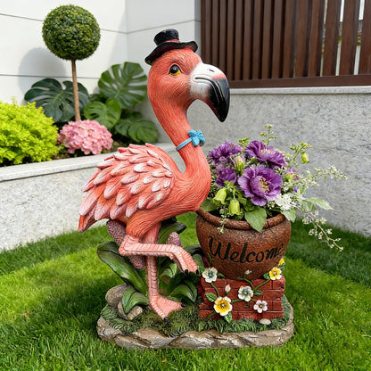 UNOIRNM Flamingo Welcome Planter Garden Statue - with Top Hat & Blue Bowtie – Lifelike 26.8” Tall, Weather-Resistant Resin – Perfect for Outdoor Lawn, Patio, & Porch Décor – Black top hat