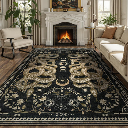 DCX Washable 5x7 Snake Rug, Black Gothic Rug for Living Room, Soft Low Pile Carpet, Kid & Pet Friendly with Rubber Back Non Slip, Stain Resistant Rug for Bedroom Dining Room Office