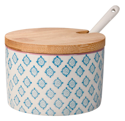 Bloomingville Patrizia Sugar Bowl Stoneware with Bamboo Lid/Spoon - Jar for Salt, Jam, Mustard Dia 4'' H 2.75'', Blue, 8.75 fl oz