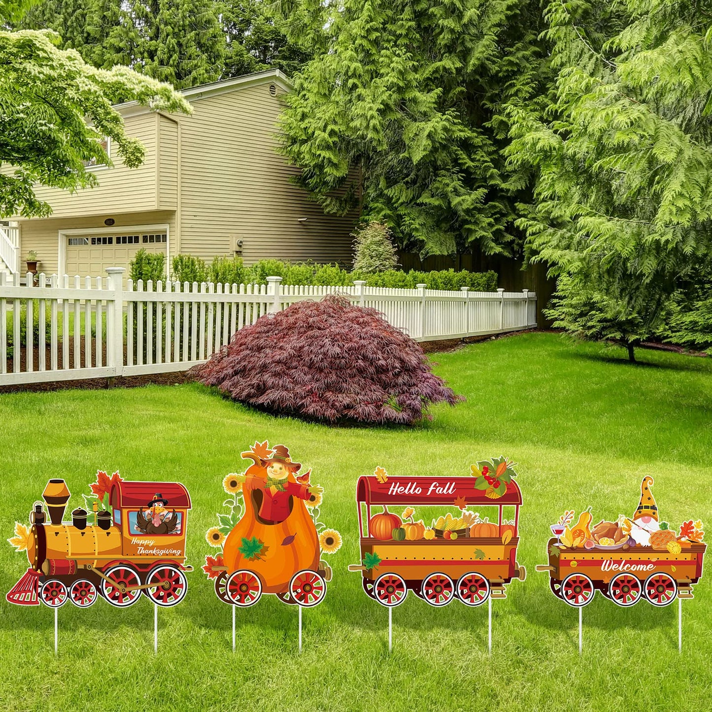 Weysat 4 Pcs Thanksgiving Yard Signs Train Outside Turkey Decoration Pumpkin Turkey Maple Gnome Thanksgiving Outside Decorations with 8 Pcs Plastic Stakes for Lawn Decor