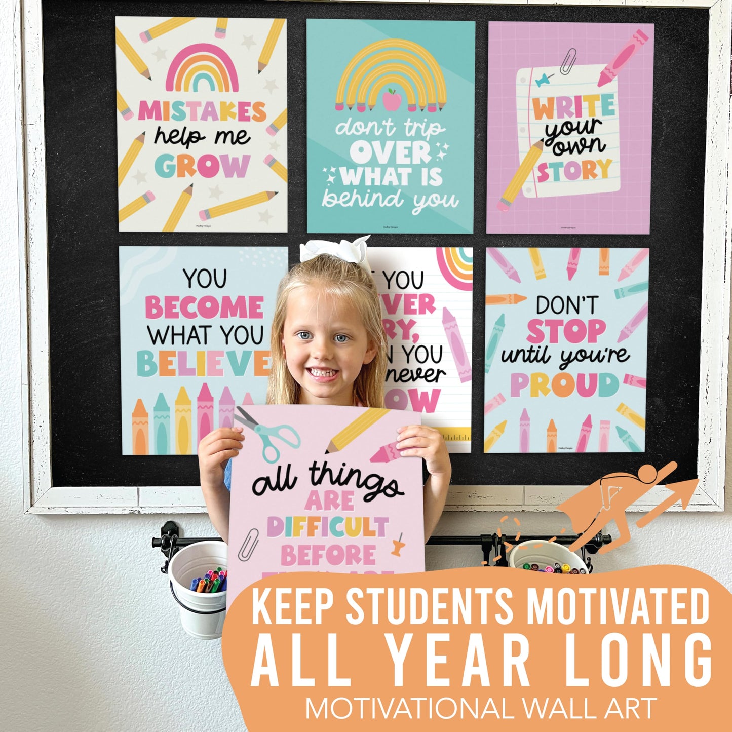Hadley Designs Motivational Poster for Classroom Decor - 9 Growth Mindset Classroom Posters Elementary, Inspirational Wall Decor Middle School, Teacher Must Haves, Pastel Bulletin Board Decorations