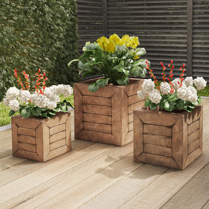 Pure Garden Plant Pots - Wood-Look Planter Set of 3-15.7”, 12.7” and 10” Square Large Outdoor Planters - Rustic Flower Pots Outdoor (Brown)